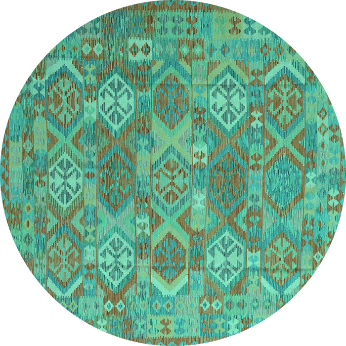 Round Machine Washable Southwestern Turquoise Country Area Rugs, wshcon2217turq