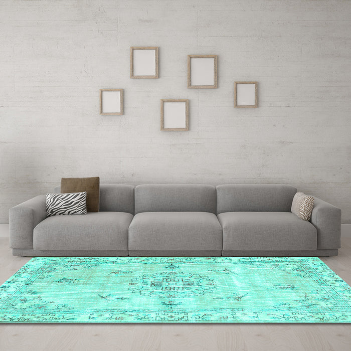Machine Washable Abstract Turquoise Contemporary Area Rugs in a Living Room,, wshcon2220turq