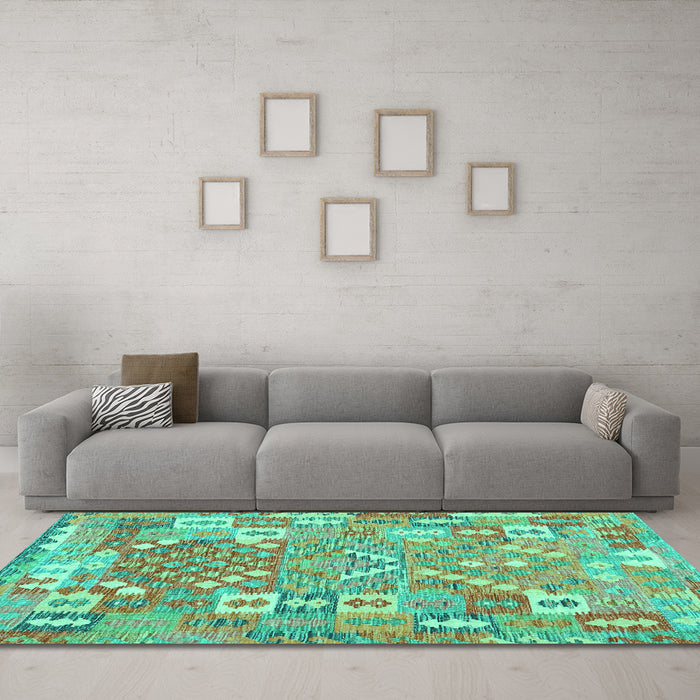 Machine Washable Southwestern Turquoise Country Area Rugs in a Living Room,, wshcon2226turq