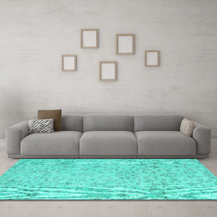 Machine Washable Abstract Turquoise Contemporary Area Rugs in a Living Room,, wshcon2228turq