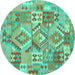 Round Machine Washable Southwestern Turquoise Country Area Rugs, wshcon2231turq