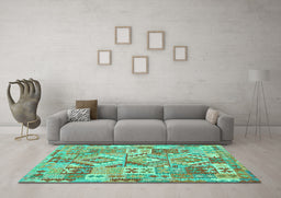 Machine Washable Southwestern Turquoise Country Area Rugs in a Living Room,, wshcon2231turq