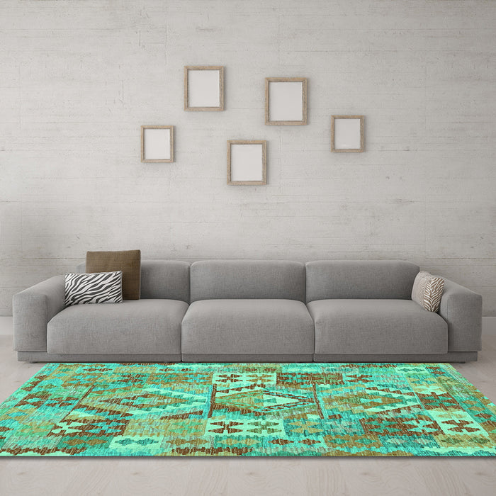 Machine Washable Southwestern Turquoise Country Area Rugs in a Living Room,, wshcon2231turq