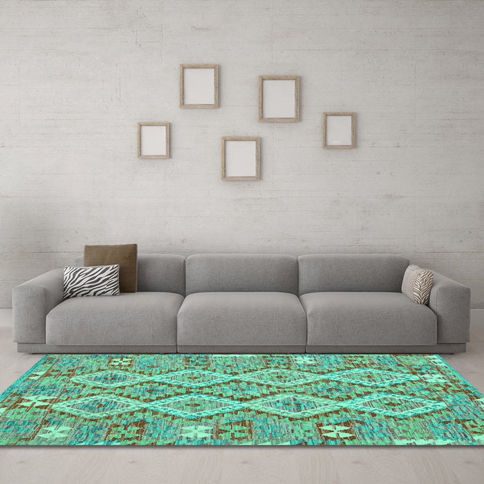 Machine Washable Southwestern Turquoise Country Area Rugs in a Living Room,, wshcon2233turq