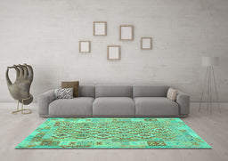 Machine Washable Southwestern Turquoise Country Area Rugs in a Living Room,, wshcon2237turq