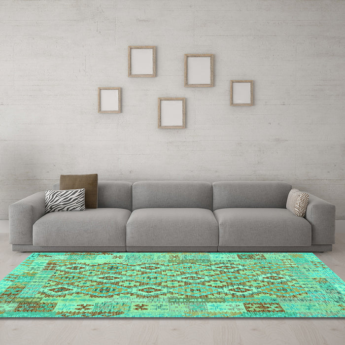 Machine Washable Southwestern Turquoise Country Area Rugs in a Living Room,, wshcon2237turq