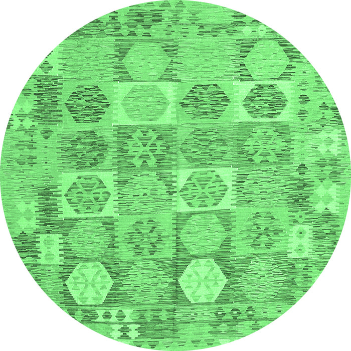 Round Machine Washable Southwestern Emerald Green Country Area Rugs, wshcon2238emgrn