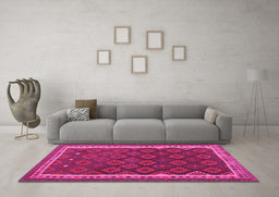 Machine Washable Oriental Pink Traditional Rug in a Living Room, wshcon2247pnk