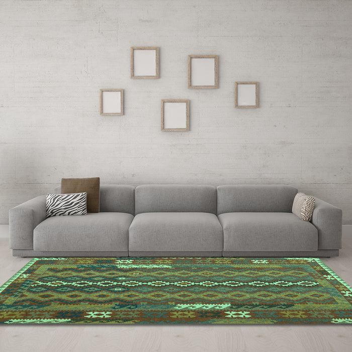 Machine Washable Oriental Turquoise Traditional Area Rugs in a Living Room,, wshcon2250turq