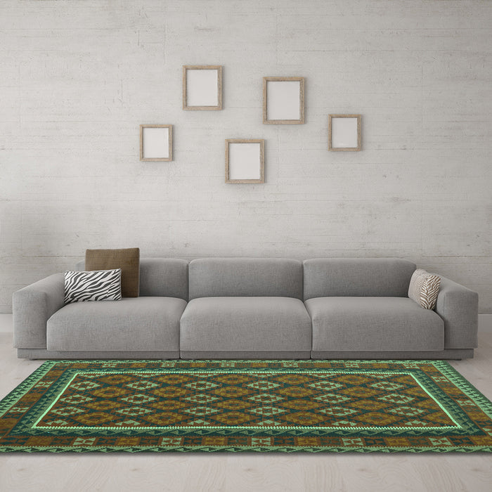 Machine Washable Oriental Turquoise Traditional Area Rugs in a Living Room,, wshcon2254turq