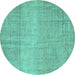 Round Machine Washable Abstract Turquoise Contemporary Area Rugs, wshcon2260turq