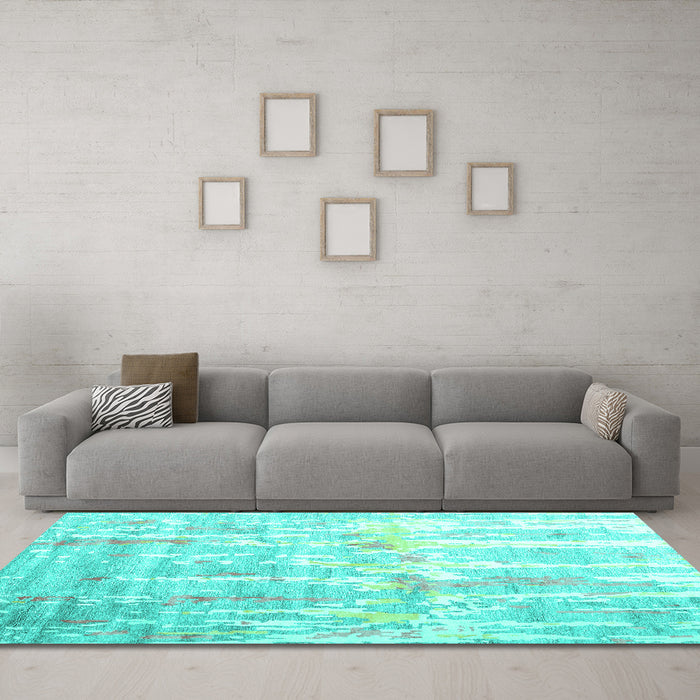 Machine Washable Abstract Turquoise Contemporary Area Rugs in a Living Room,, wshcon2262turq