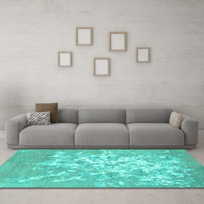 Machine Washable Abstract Turquoise Contemporary Area Rugs in a Living Room,, wshcon2264turq