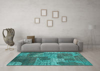 Machine Washable Patchwork Turquoise Transitional Rug, wshcon2276turq