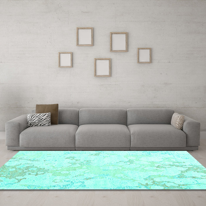 Machine Washable Abstract Turquoise Contemporary Area Rugs in a Living Room,, wshcon2277turq