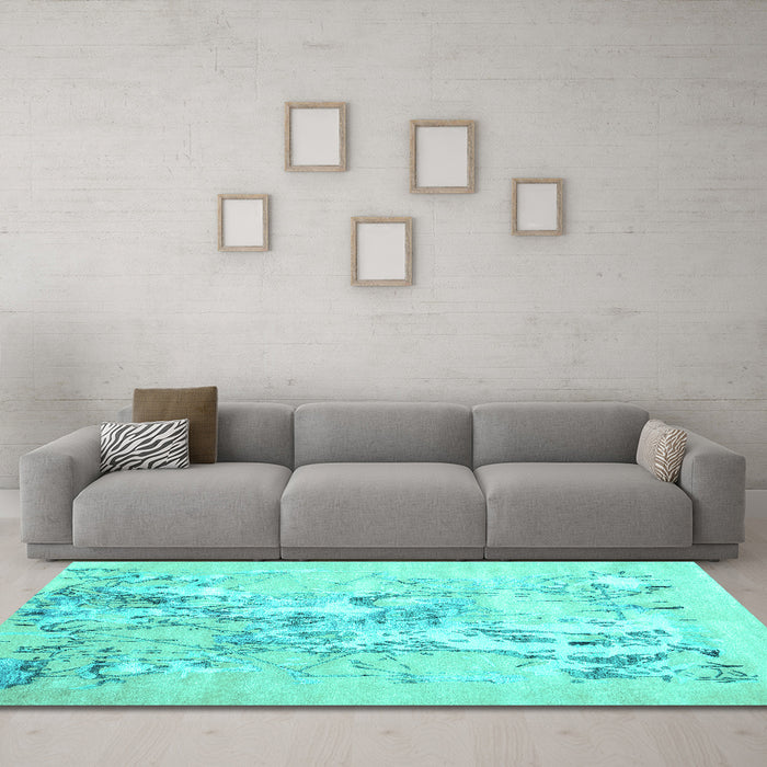 Machine Washable Abstract Turquoise Contemporary Area Rugs in a Living Room,, wshcon2278turq