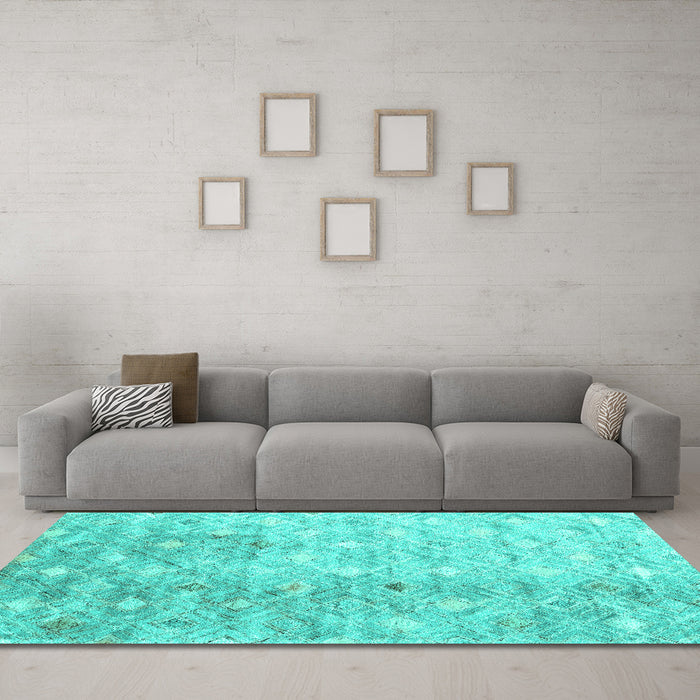Machine Washable Abstract Turquoise Contemporary Area Rugs in a Living Room,, wshcon2283turq