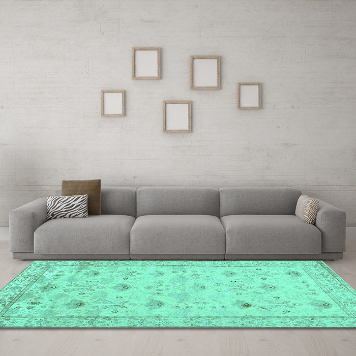 Machine Washable Abstract Turquoise Contemporary Area Rugs in a Living Room,, wshcon2286turq