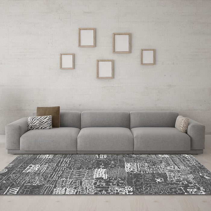 Machine Washable Patchwork Gray Transitional Rug in a Living Room,, wshcon2289gry