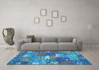 Machine Washable Patchwork Light Blue Transitional Rug, wshcon2289lblu