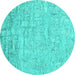 Round Machine Washable Abstract Turquoise Contemporary Area Rugs, wshcon2323turq