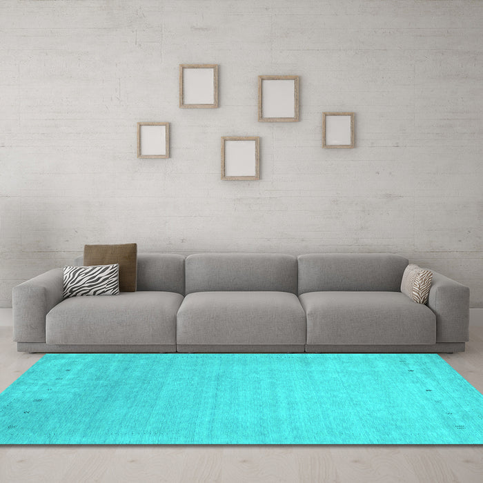 Machine Washable Abstract Turquoise Contemporary Area Rugs in a Living Room,, wshcon2327turq