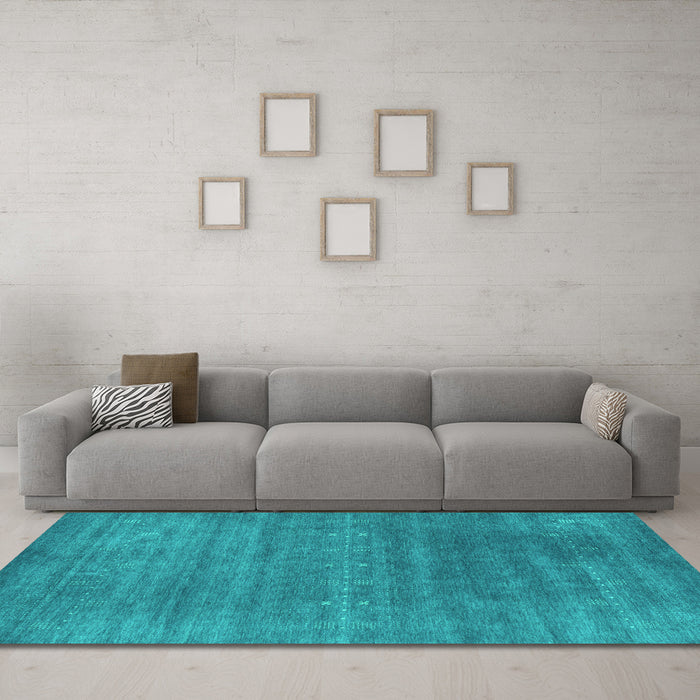 Machine Washable Abstract Turquoise Contemporary Area Rugs in a Living Room,, wshcon2341turq