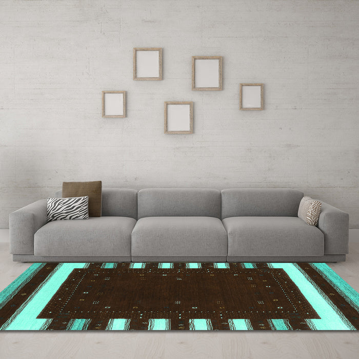 Machine Washable Abstract Turquoise Contemporary Area Rugs in a Living Room,, wshcon2350turq