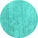 Round Machine Washable Abstract Turquoise Contemporary Area Rugs, wshcon2361turq