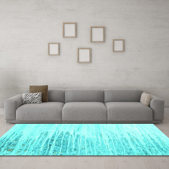 Machine Washable Abstract Turquoise Contemporary Area Rugs in a Living Room,, wshcon2383turq