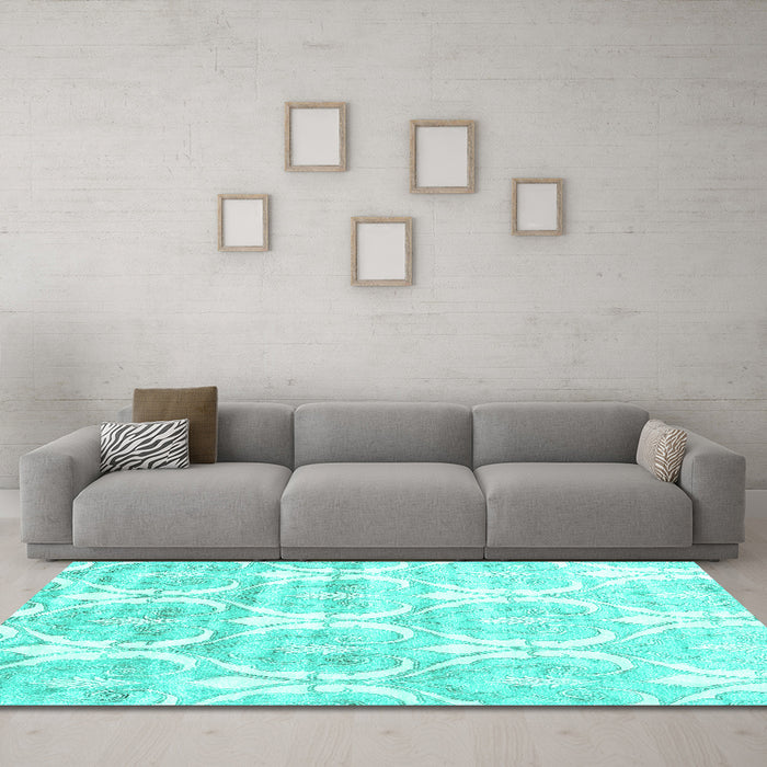 Machine Washable Abstract Turquoise Contemporary Area Rugs in a Living Room,, wshcon2384turq
