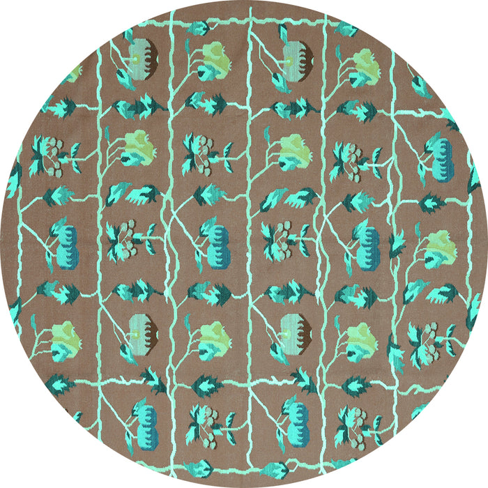 Round Machine Washable Abstract Turquoise Contemporary Area Rugs, wshcon2389turq