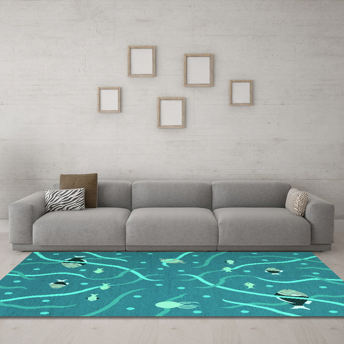 Machine Washable Abstract Turquoise Contemporary Area Rugs in a Living Room,, wshcon2391turq