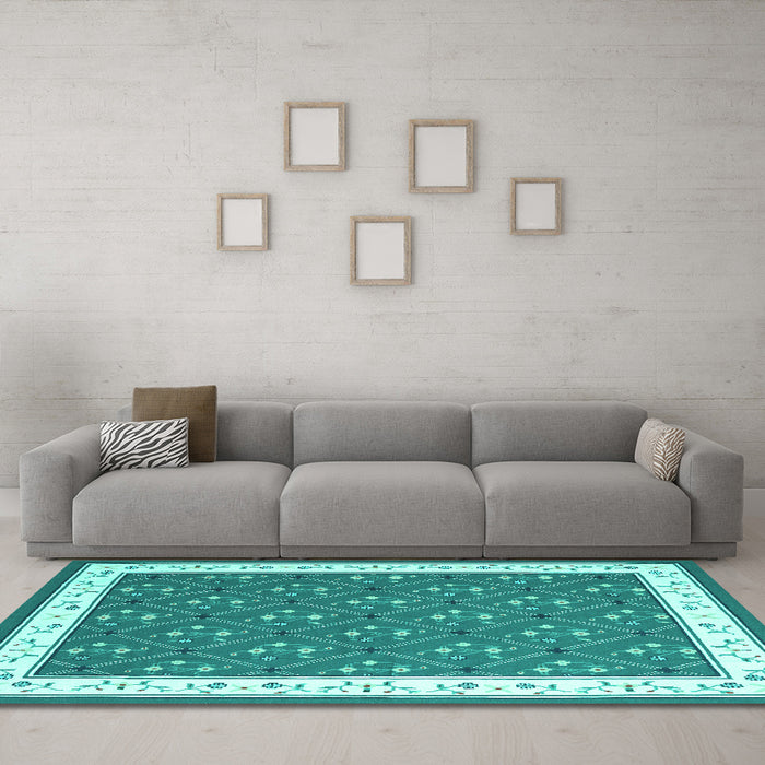Machine Washable Abstract Turquoise Contemporary Area Rugs in a Living Room,, wshcon2395turq