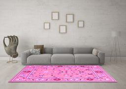 Machine Washable Abstract Pink Contemporary Rug in a Living Room, wshcon2397pnk