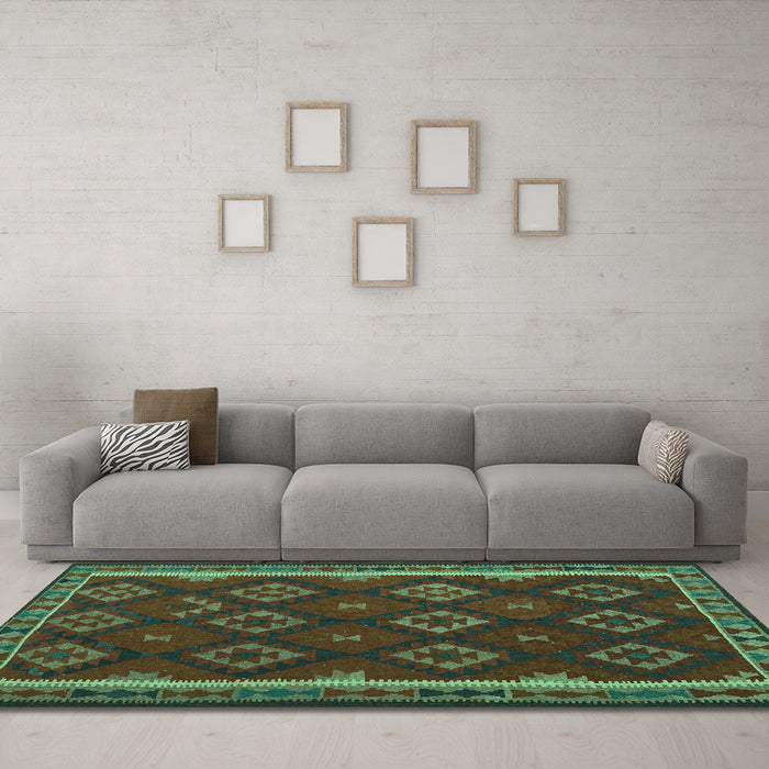 Machine Washable Oriental Turquoise Traditional Area Rugs in a Living Room,, wshcon2404turq