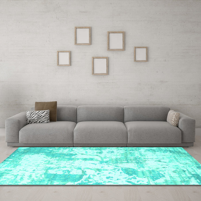 Machine Washable Abstract Turquoise Contemporary Area Rugs in a Living Room,, wshcon2430turq