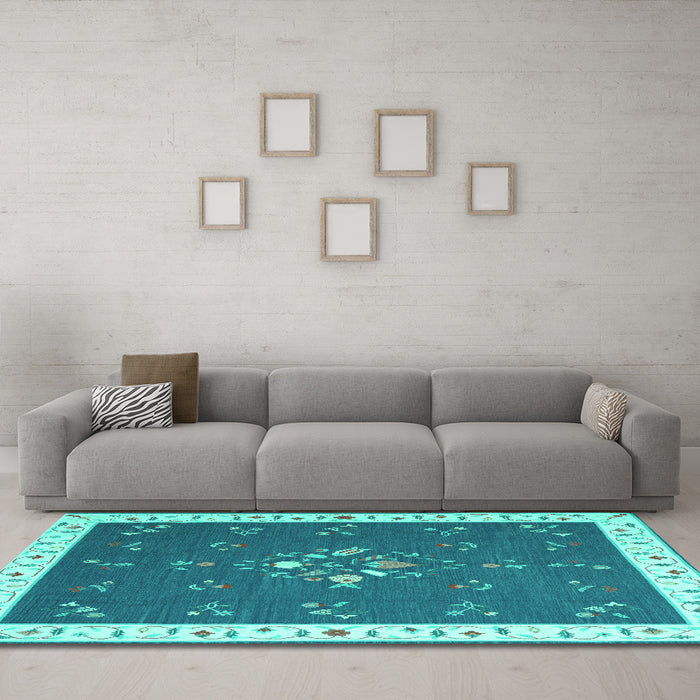 Machine Washable Abstract Turquoise Contemporary Area Rugs in a Living Room,, wshcon2434turq