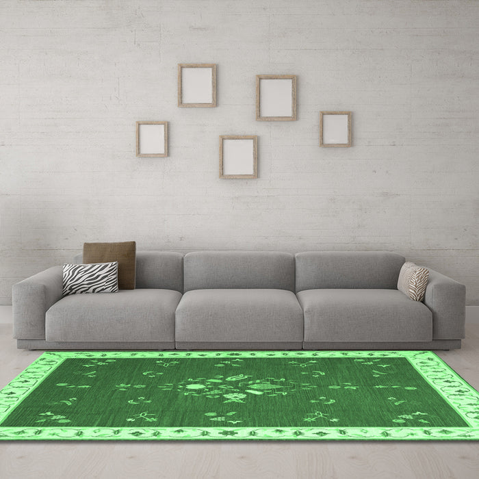 Machine Washable Abstract Emerald Green Contemporary Area Rugs in a Living Room,, wshcon2434emgrn