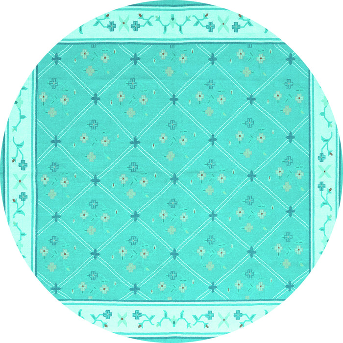 Round Machine Washable Abstract Turquoise Contemporary Area Rugs, wshcon2436turq