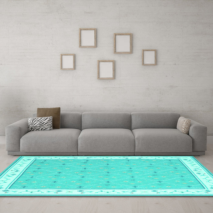 Machine Washable Abstract Turquoise Contemporary Area Rugs in a Living Room,, wshcon2436turq