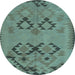 Round Machine Washable Southwestern Light Blue Country Rug, wshcon2440lblu