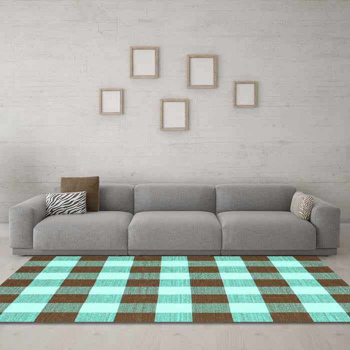 Machine Washable Checkered Turquoise Modern Area Rugs in a Living Room,, wshcon2476turq