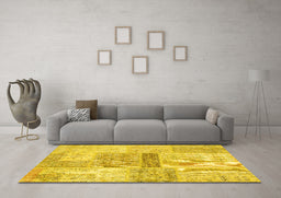 Machine Washable Patchwork Yellow Transitional Rug in a Living Room, wshcon247yw