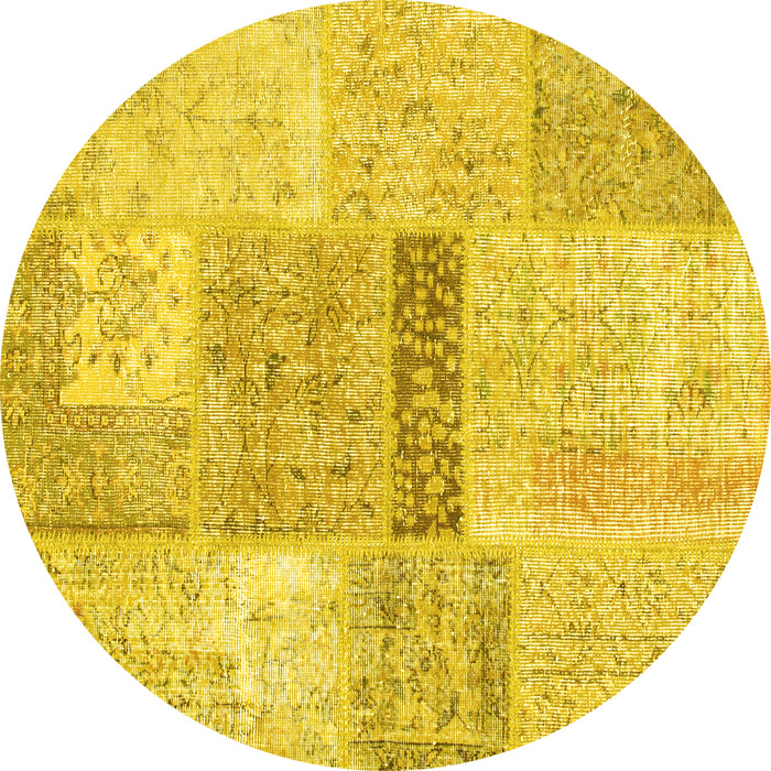 Round Machine Washable Patchwork Yellow Transitional Rug, wshcon247yw