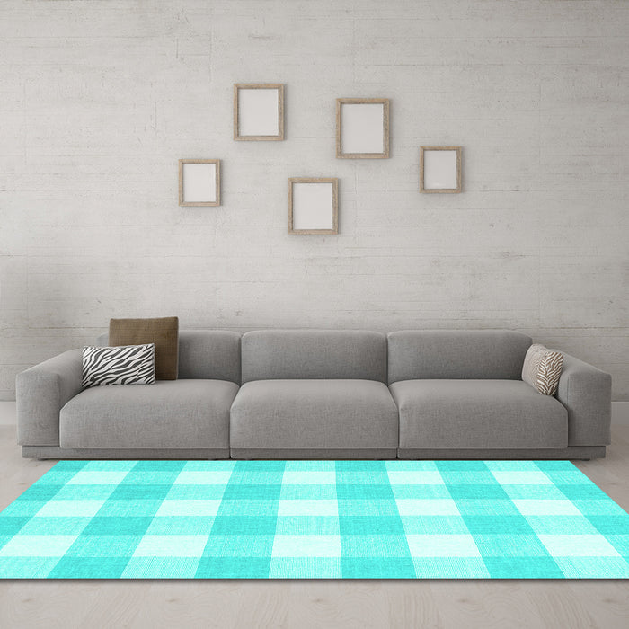 Machine Washable Checkered Turquoise Modern Area Rugs in a Living Room,, wshcon2514turq