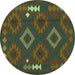 Round Machine Washable Oriental Turquoise Traditional Area Rugs, wshcon2527turq