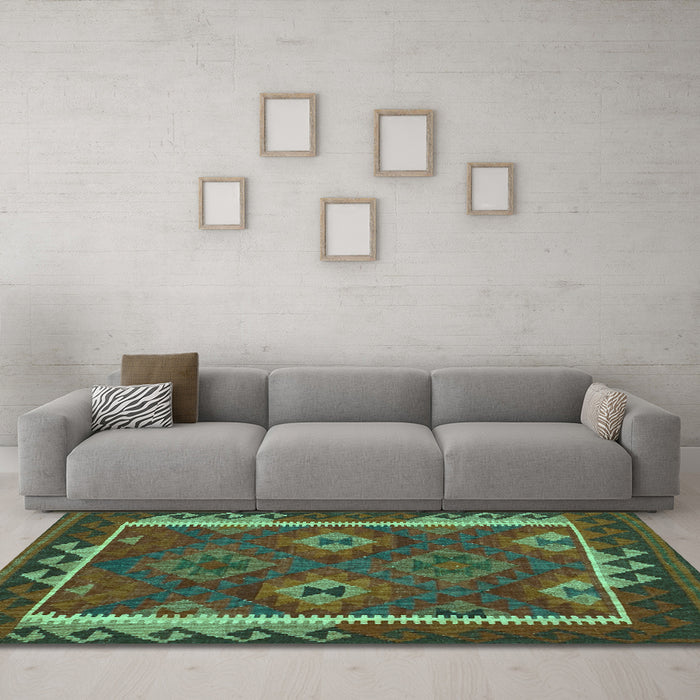 Machine Washable Oriental Turquoise Traditional Area Rugs in a Living Room,, wshcon2528turq