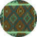 Round Machine Washable Oriental Turquoise Traditional Area Rugs, wshcon2529turq