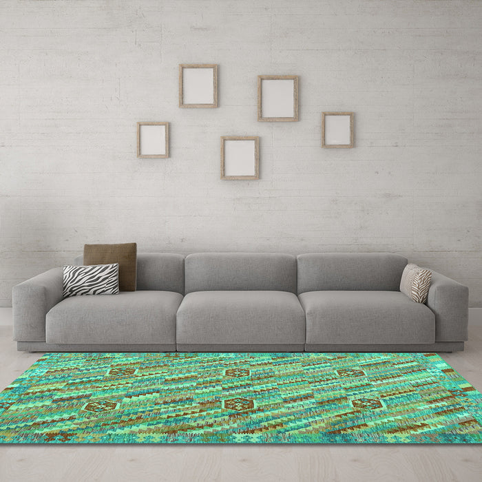 Machine Washable Southwestern Turquoise Country Area Rugs in a Living Room,, wshcon2531turq